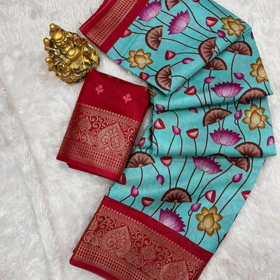 Blissful Firozi Digital Printed Dola Silk Saree With Desiring Blouse Piece