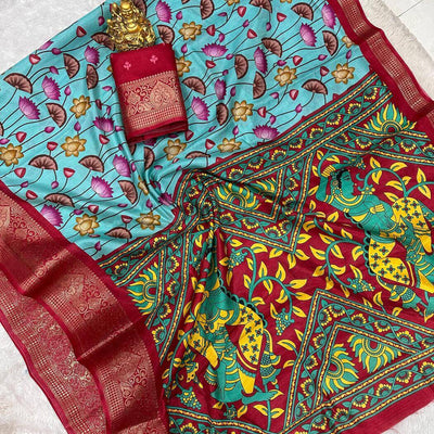 Blissful Firozi Digital Printed Dola Silk Saree With Desiring Blouse Piece