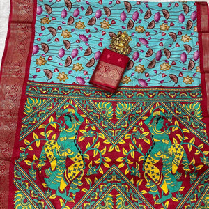 Blissful Firozi Digital Printed Dola Silk Saree With Desiring Blouse Piece