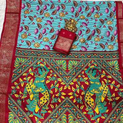 Blissful Firozi Digital Printed Dola Silk Saree With Desiring Blouse Piece