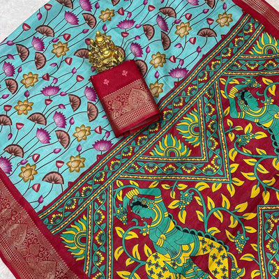 Blissful Firozi Digital Printed Dola Silk Saree With Desiring Blouse Piece