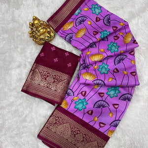 Glowing Lavender Digital Printed Dola Silk Saree With Incredible Blouse Piece