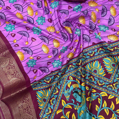 Glowing Lavender Digital Printed Dola Silk Saree With Incredible Blouse Piece