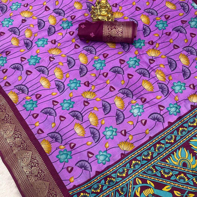 Glowing Lavender Digital Printed Dola Silk Saree With Incredible Blouse Piece