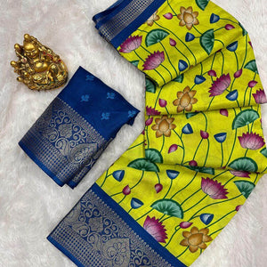 Bucolic Parrot Digital Printed Dola Silk Saree With Surreptitious Blouse Piece