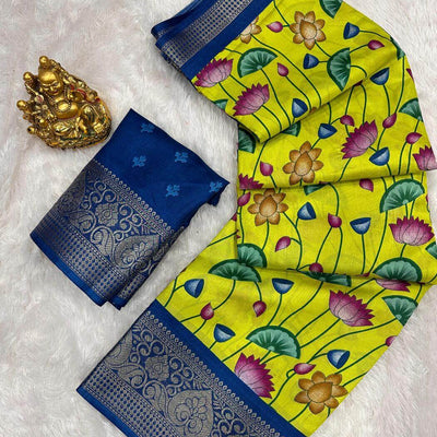 Bucolic Parrot Digital Printed Dola Silk Saree With Surreptitious Blouse Piece