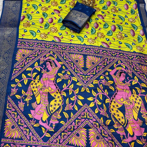 Bucolic Parrot Digital Printed Dola Silk Saree With Surreptitious Blouse Piece