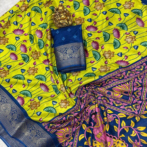 Bucolic Parrot Digital Printed Dola Silk Saree With Surreptitious Blouse Piece