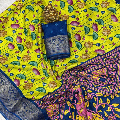 Bucolic Parrot Digital Printed Dola Silk Saree With Surreptitious Blouse Piece