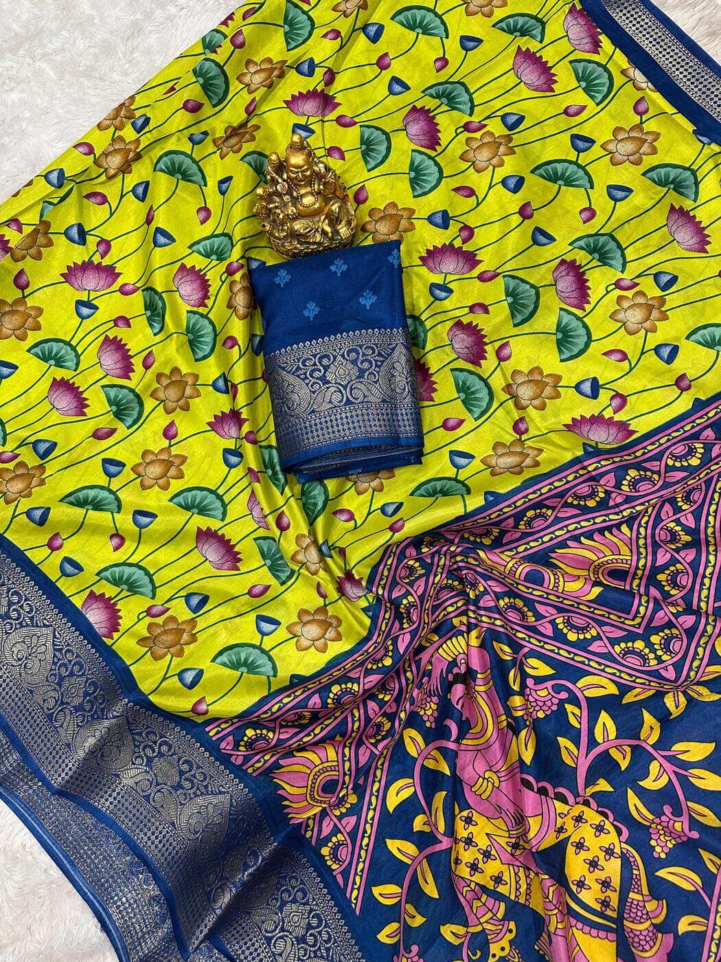 Bucolic Parrot Digital Printed Dola Silk Saree With Surreptitious Blouse Piece