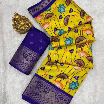 Delectable Yellow Digital Printed Dola Silk Saree With Glorious Blouse Piece