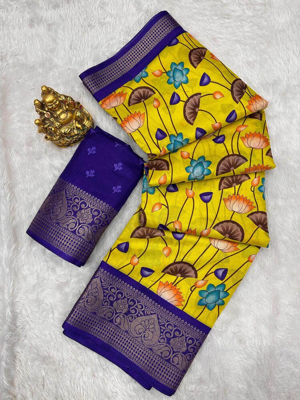 Delectable Yellow Digital Printed Dola Silk Saree With Glorious Blouse Piece