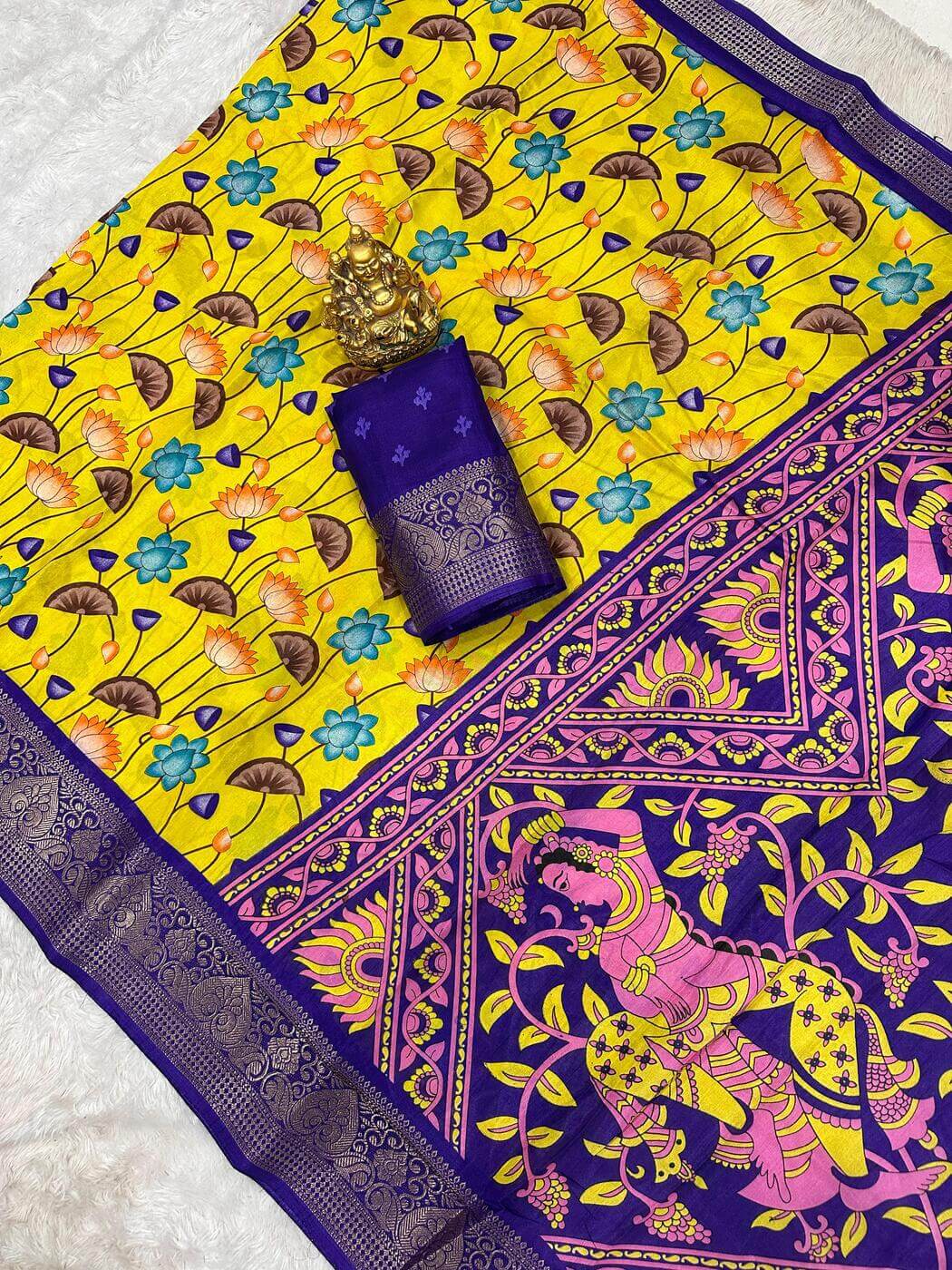 Delectable Yellow Digital Printed Dola Silk Saree With Glorious Blouse Piece