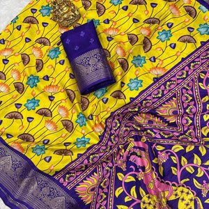 Delectable Yellow Digital Printed Dola Silk Saree With Glorious Blouse Piece