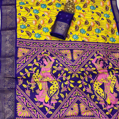 Delectable Yellow Digital Printed Dola Silk Saree With Glorious Blouse Piece