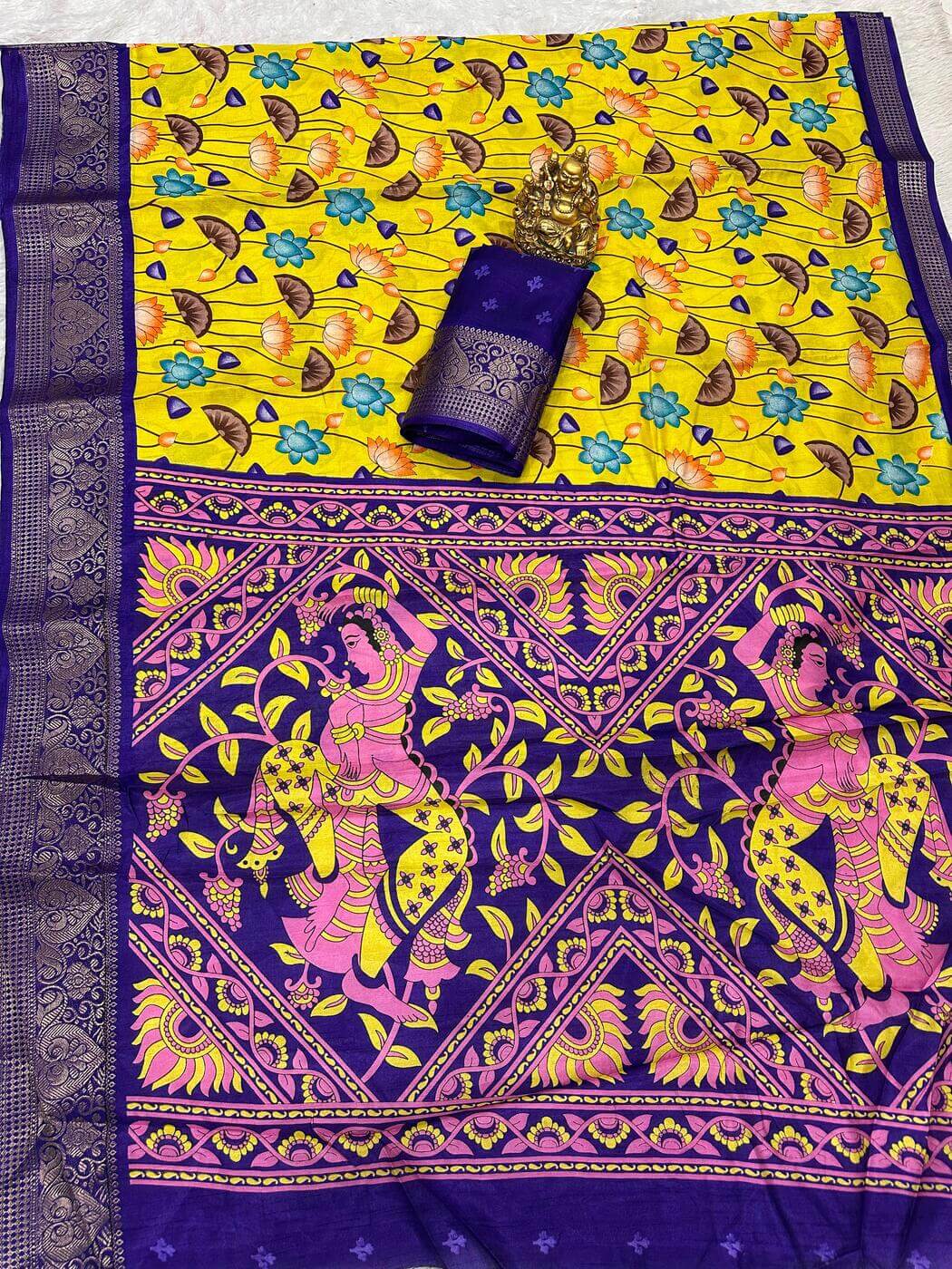 Delectable Yellow Digital Printed Dola Silk Saree With Glorious Blouse Piece