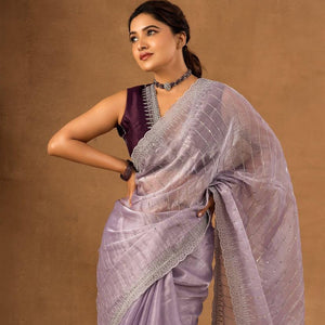 Nemesis Lavender Embroidery Work Organza Silk Saree With Glamorous Blouse Piece