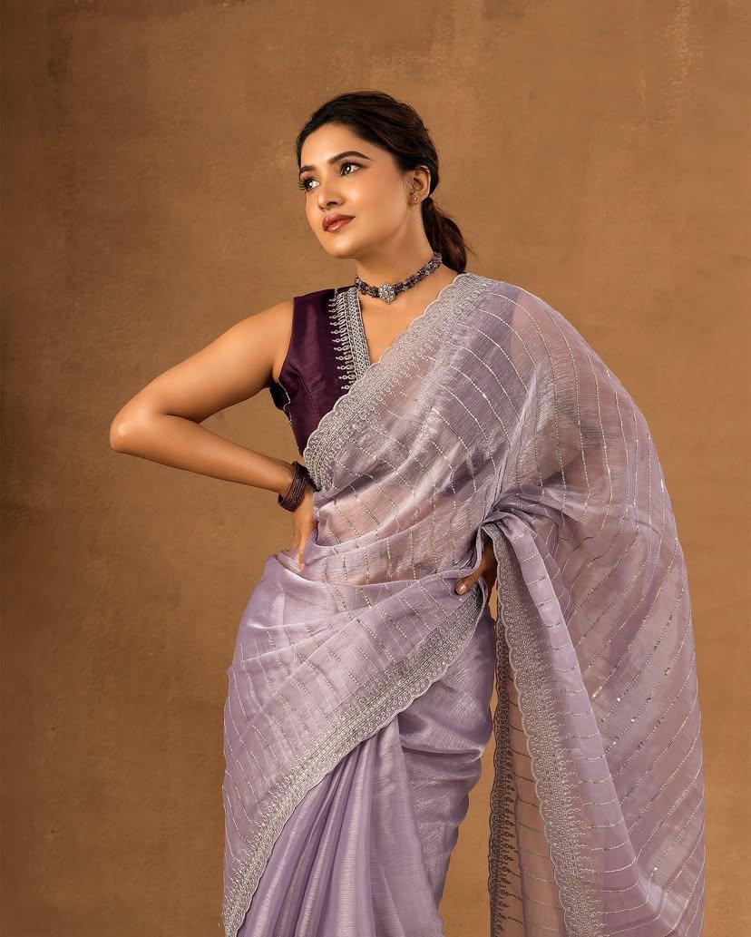 Nemesis Lavender Embroidery Work Organza Silk Saree With Glamorous Blouse Piece