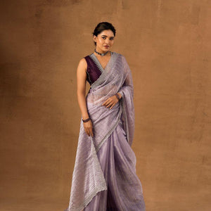 Nemesis Lavender Embroidery Work Organza Silk Saree With Glamorous Blouse Piece