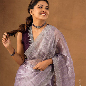 Nemesis Lavender Embroidery Work Organza Silk Saree With Glamorous Blouse Piece