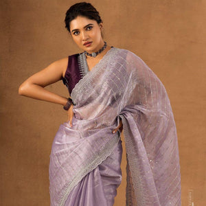 Nemesis Lavender Embroidery Work Organza Silk Saree With Glamorous Blouse Piece