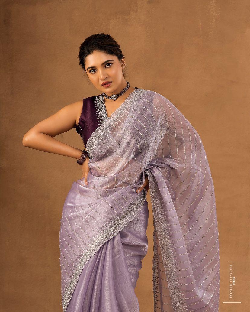 Nemesis Lavender Embroidery Work Organza Silk Saree With Glamorous Blouse Piece