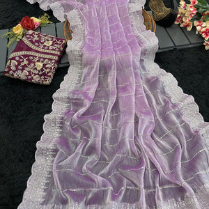 Nemesis Lavender Embroidery Work Organza Silk Saree With Glamorous Blouse Piece