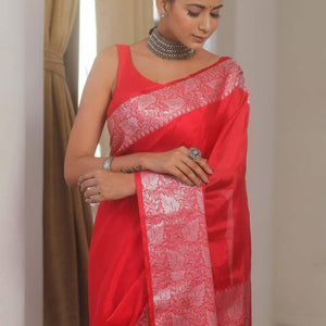 Verdant Red Soft Silk Saree With Mellifluous Blouse Piece
