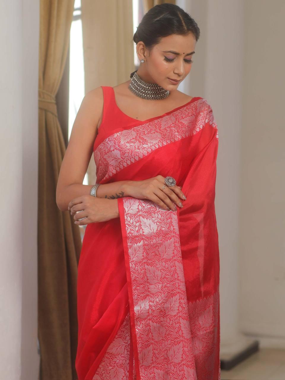 Verdant Red Soft Silk Saree With Mellifluous Blouse Piece
