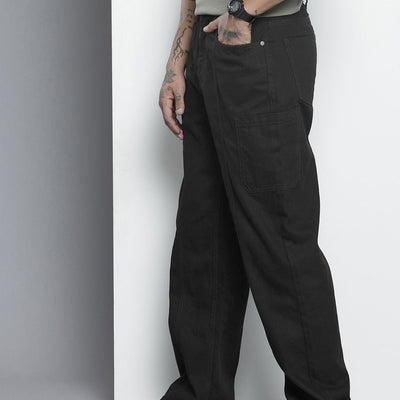 Men's Black Wide Leg Solid Jeans
