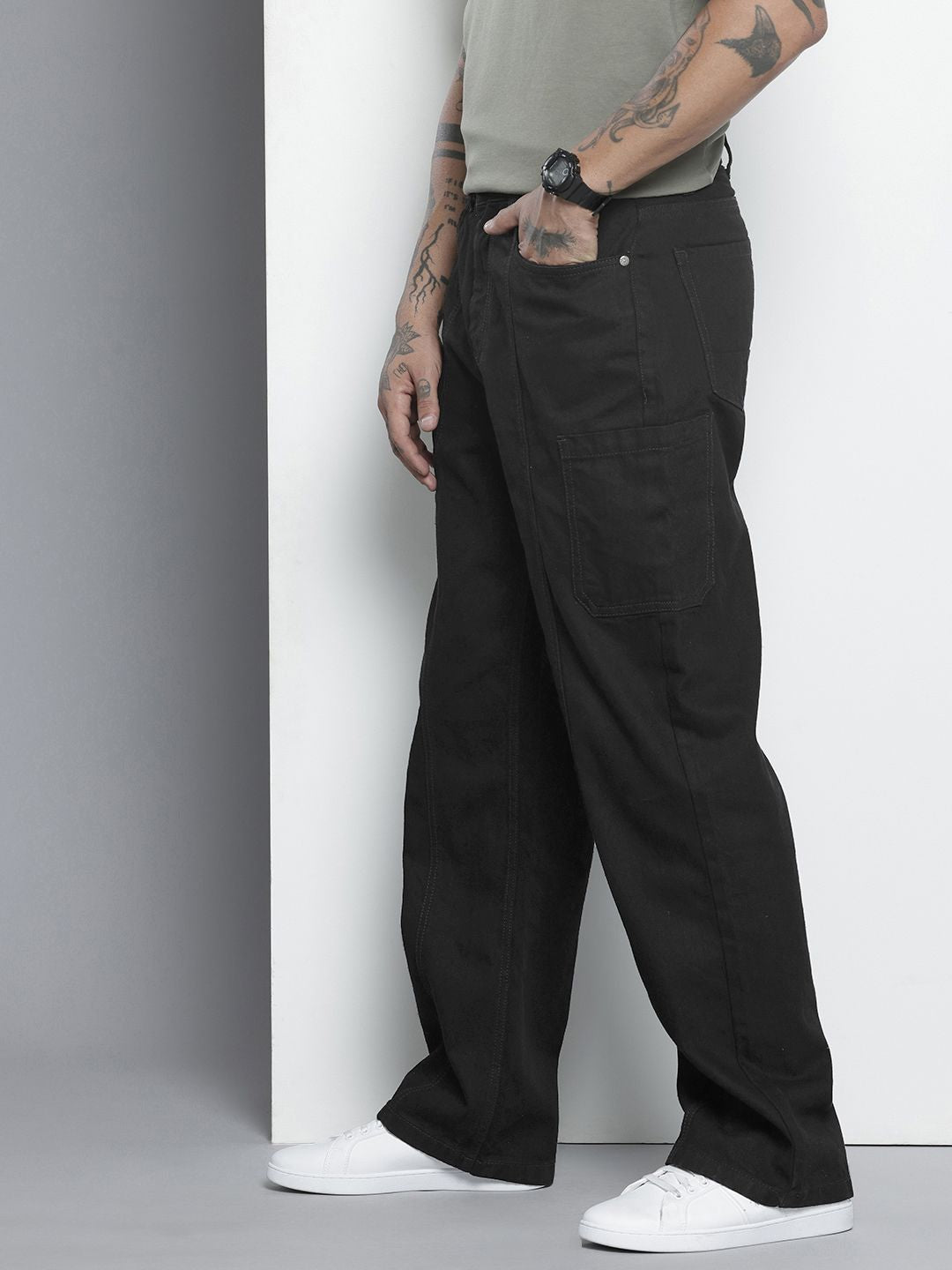 Men's Black Wide Leg Solid Jeans