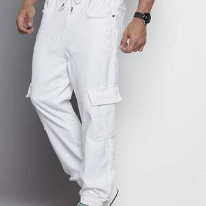 Men's White Regular Fit Solid Stretchable Denim Cargo Joggers