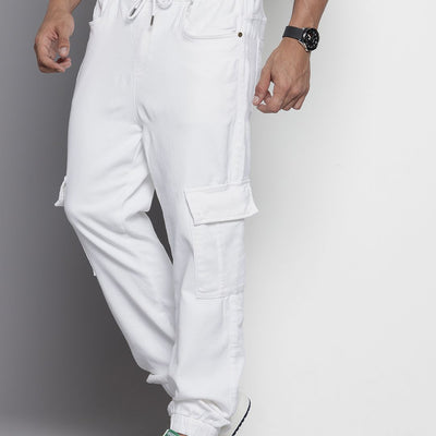 Men's White Regular Fit Solid Stretchable Denim Cargo Joggers