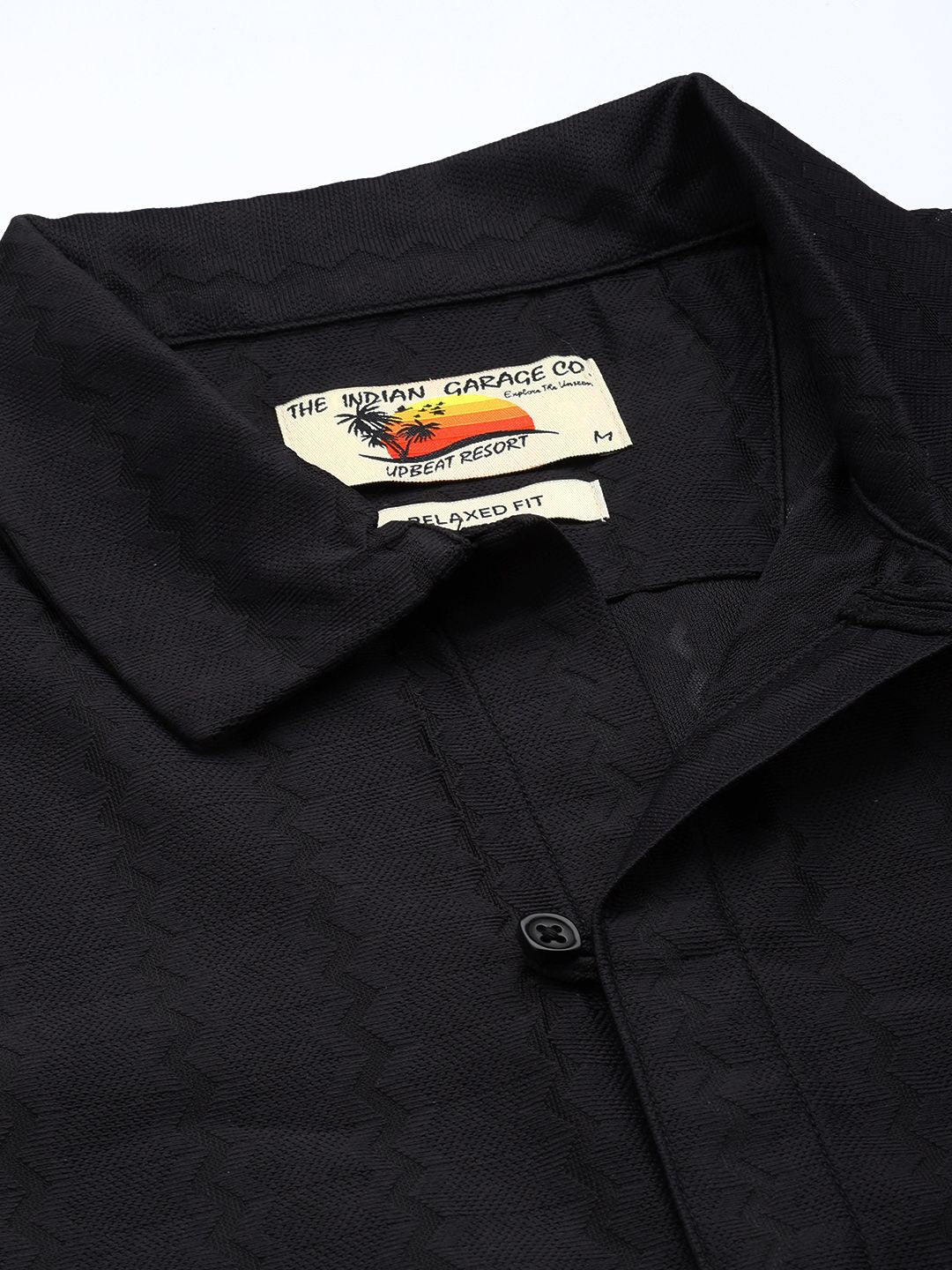 Men's Black Relaxed Fit Textured Resort Wear Shirt