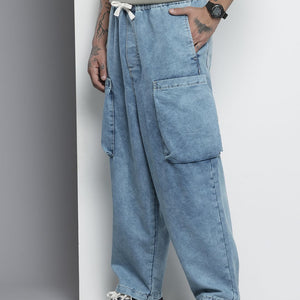 Men's Blue Loose Solid Denim Cargo Harem Pants