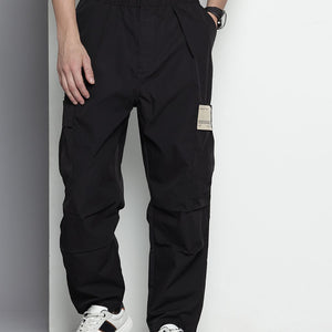 Men's Black Loose Fit Textured Cargos