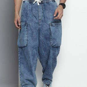 Men's Blue Loose Solid Denim Cargo Harem Pants