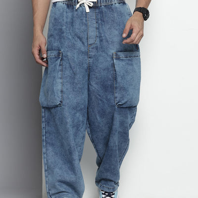 Men's Blue Loose Solid Denim Cargo Harem Pants
