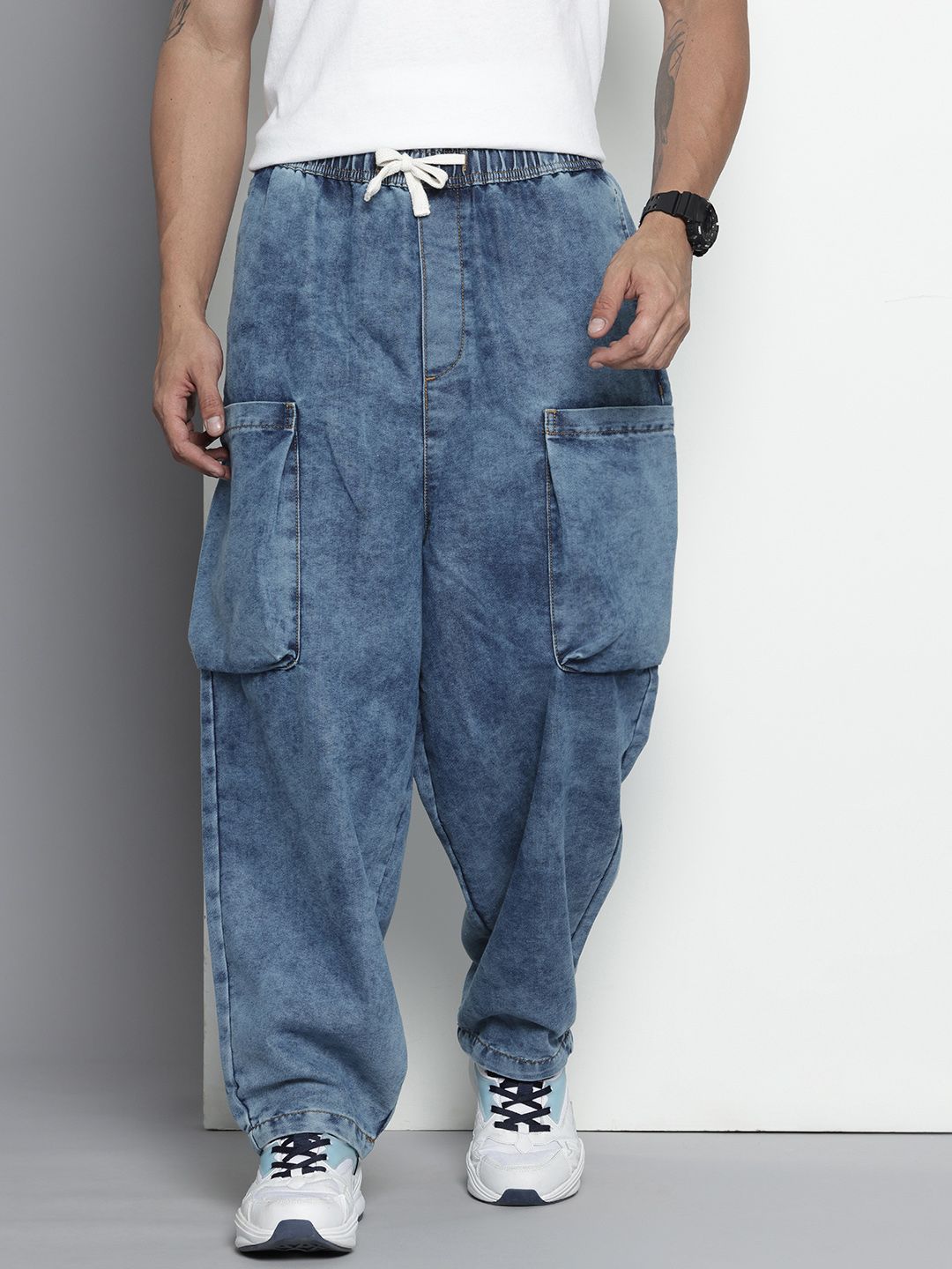 Men's Blue Loose Solid Denim Cargo Harem Pants