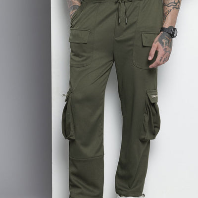 Men's Olive Relaxed Fit Textured Wide Leg Cargo Joggers