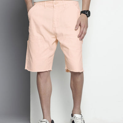 Men's Pink Relaxed Fit Patched Utility Shorts