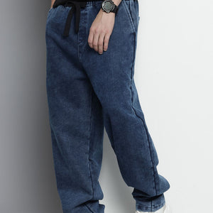 Men's Blue Barrel Loose Solid Denim Joggers