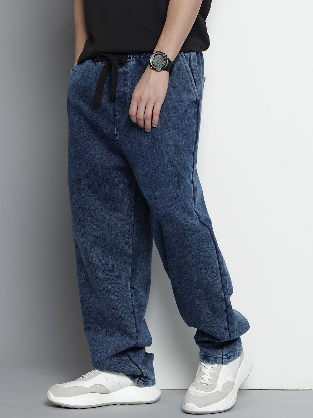 Men's Blue Barrel Loose Solid Denim Joggers