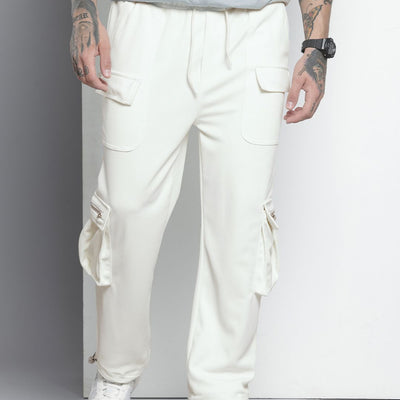 Men's White Relaxed Fit Textured Wide Leg Cargo Joggers