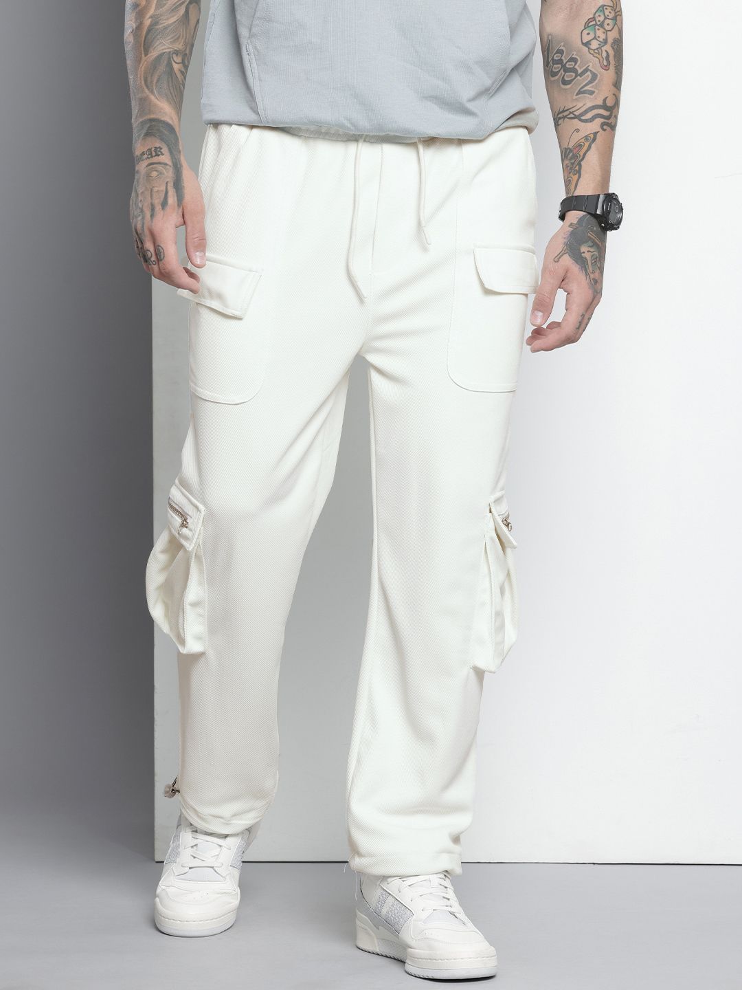Men's White Relaxed Fit Textured Wide Leg Cargo Joggers