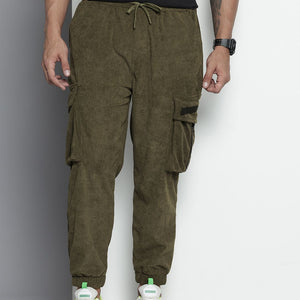 Men's Olive Relaxed Fit Textured Corduroy Loose Joggers