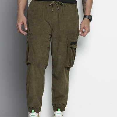 Men's Olive Relaxed Fit Textured Corduroy Loose Joggers