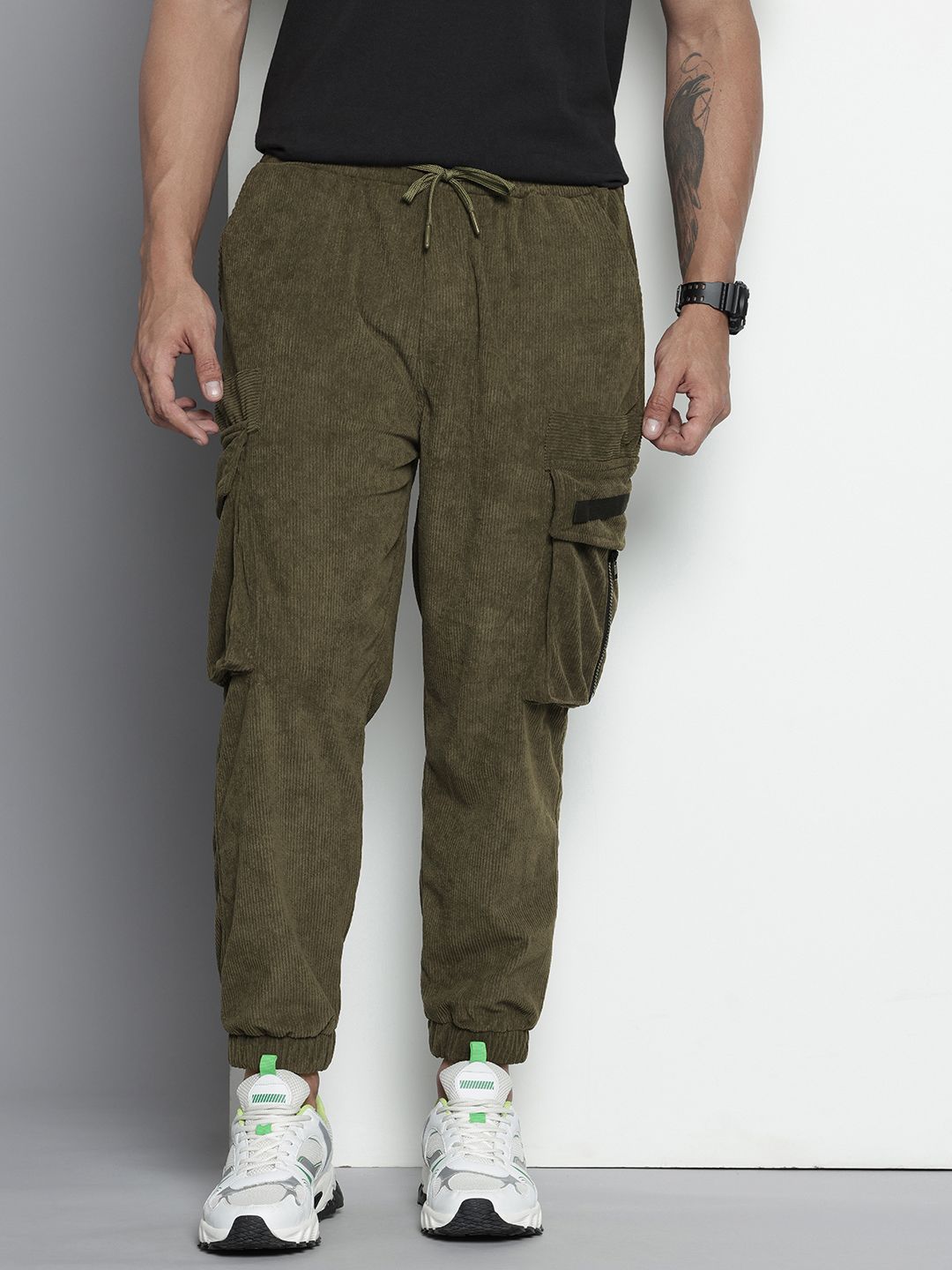 Men's Olive Relaxed Fit Textured Corduroy Loose Joggers