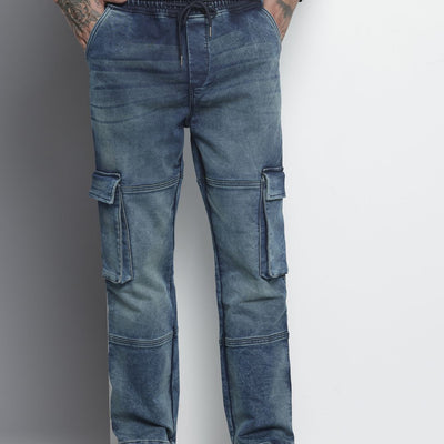 Men's Blue Relaxed Fit Solid Denim Joggers