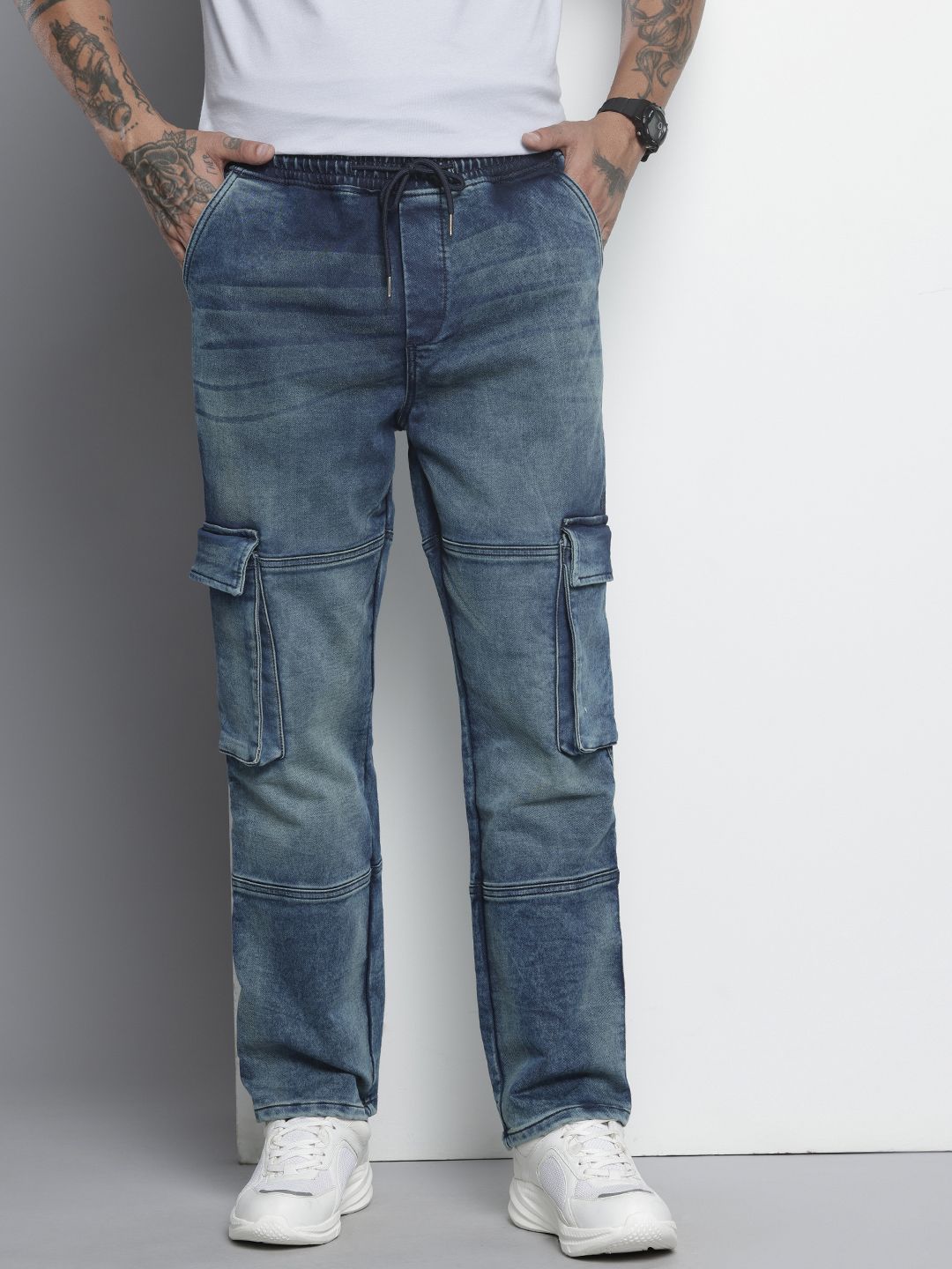 Men's Blue Relaxed Fit Solid Denim Joggers